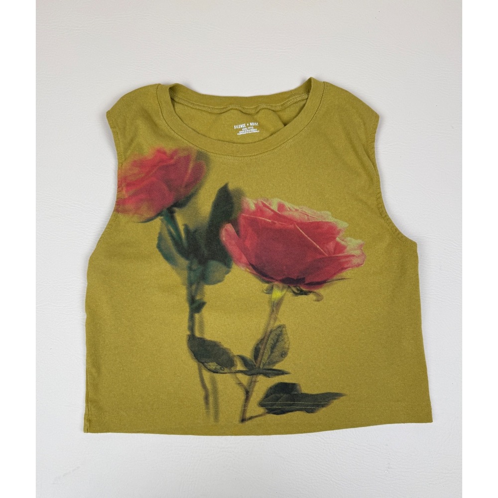 Silence + Noise XXXL Tank Rose Graphic Cotton Cutout Back Olive Green